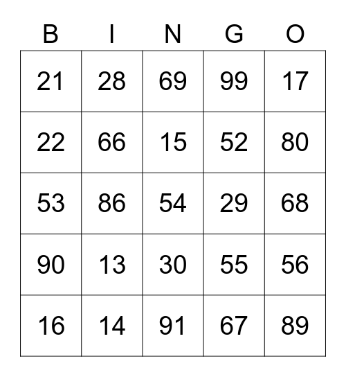 Number Bingo Card