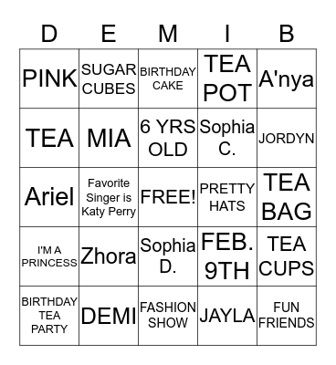 Demi's Tea Party Bingo Bingo Card