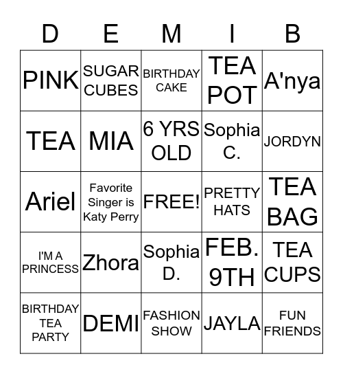 Demi's Tea Party Bingo Bingo Card