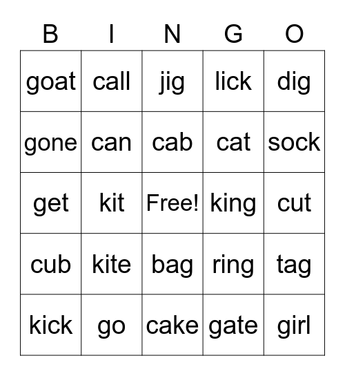 K and G Words Bingo Card