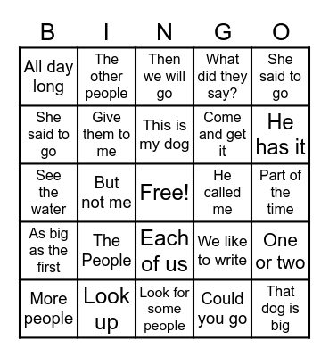 High Frequency Phrases Bingo Card