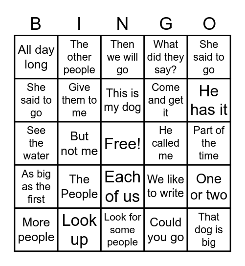 High Frequency Phrases Bingo Card