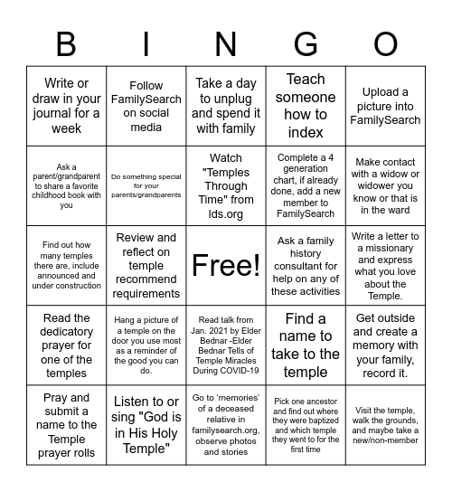Temple and Family History March Bingo Card