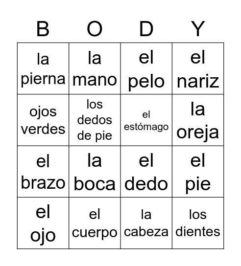 El cuerpo Bingo Card