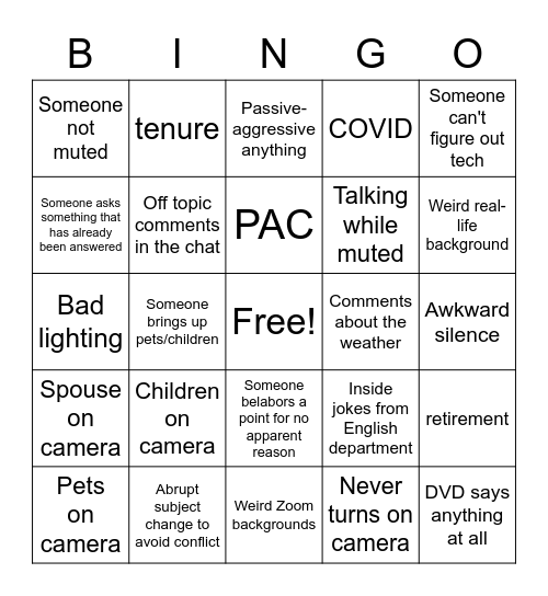 Department Meeting Bingo Card