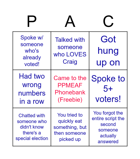 PPMEAF PAC Phonebank! Bingo Card