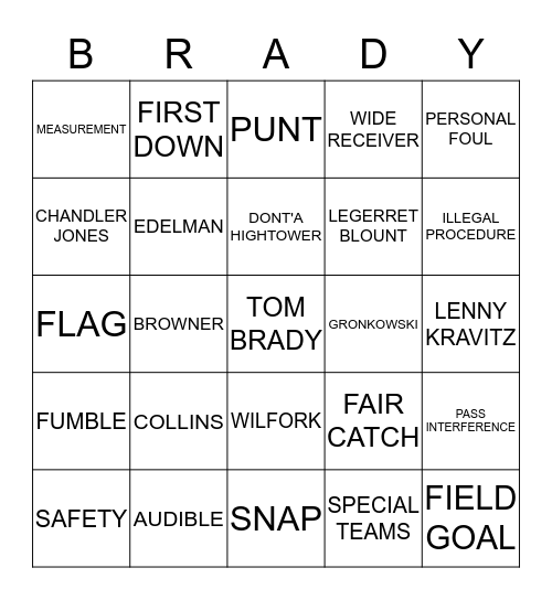 SUPERBOWL XLIX Bingo Card