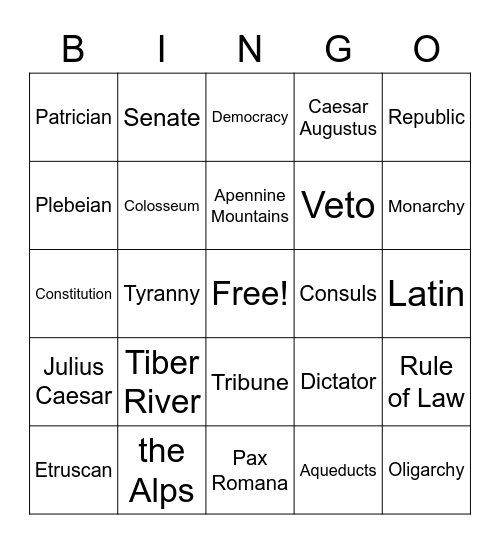 Unit 7: Rome Vocabulary Bingo Card