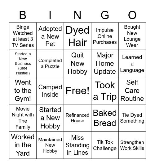 Quarantine Activities Bingo Card