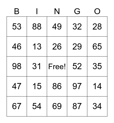 Number Bingo Card