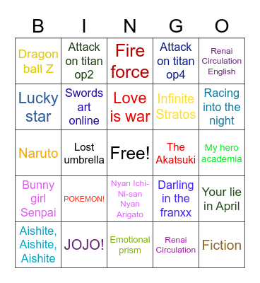 Anime Bingo Card