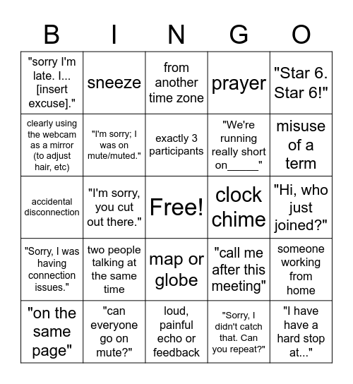 COVID Video Call BINGO Card