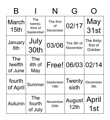 Dates and Seasons Bingo Card