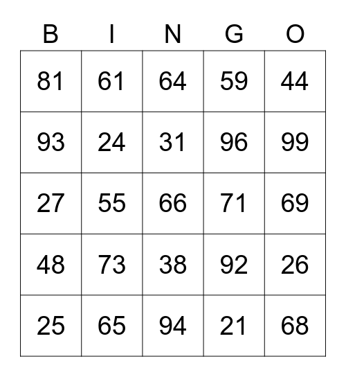 Number Bingo Lesson 5 Bingo Card