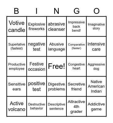 Suffix -ive (causing or making) Bingo Card