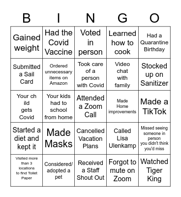 2020 Pandemic Recap Bingo Card