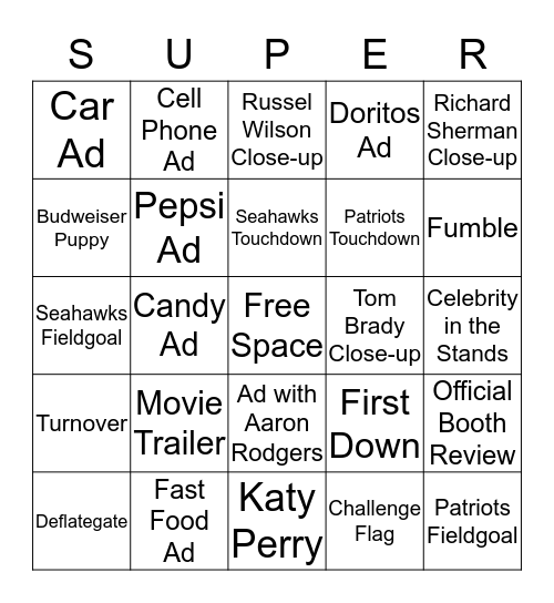 Super Bowl Bingo Card