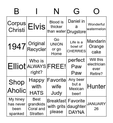 Daddy's Birthday Bingo Card