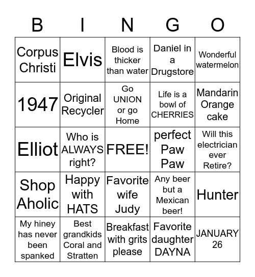 Daddy's Birthday Bingo Card