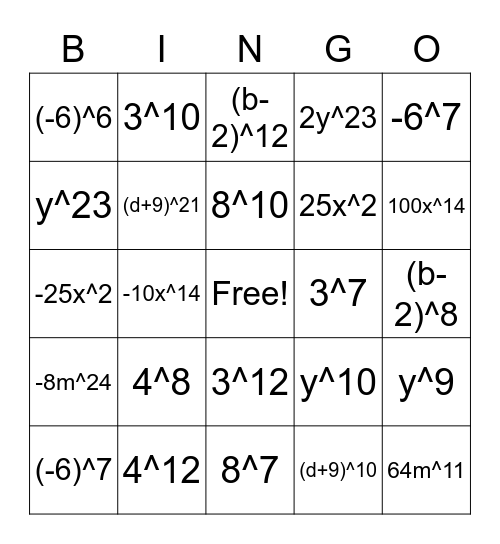 BINGO - REVIEW OF PRODUCT PROPERTIES OF EXPONENTS Bingo Card