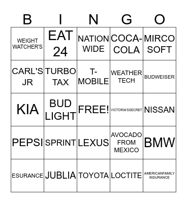 SUPER BOWL 2015 Bingo Card