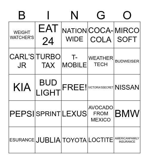 SUPER BOWL 2015 Bingo Card