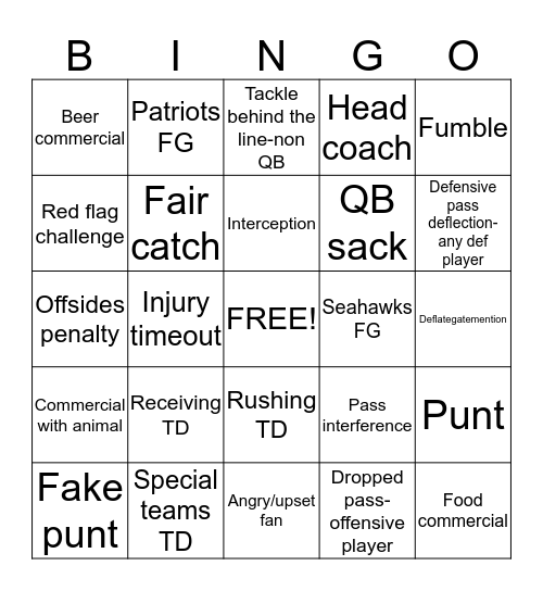 Patriots vs. Seahawks Bingo Card