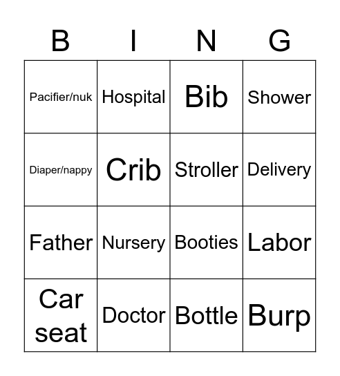 Baby Shower Bingo Card