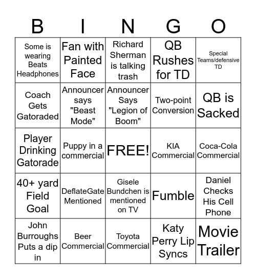 Super Bowl Bingo! Bingo Card