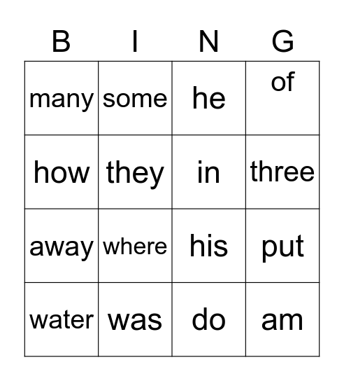 Sight Words Bingo Card