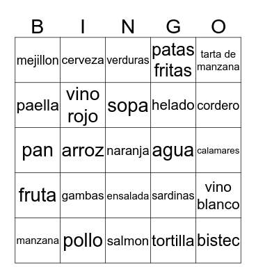 Spanish Food Bingo Card