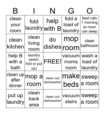 Chore Bingo Card