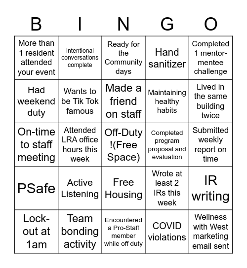 Resident Assistant Bingo Card