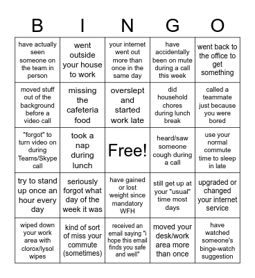 Work From Home Bingo Card