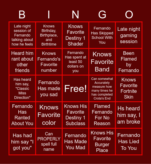 Fernando's Close Friend Bingo Card