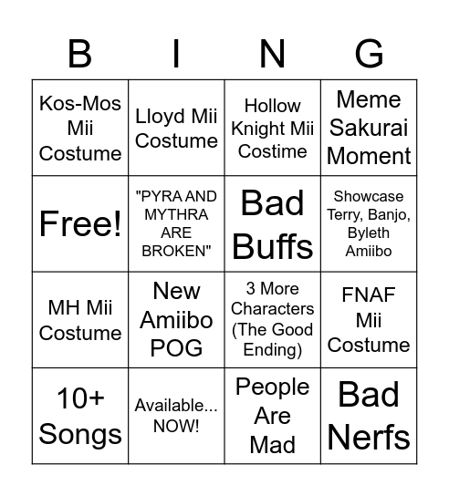 Pyra/Mythra Bingo Card Bingo Card