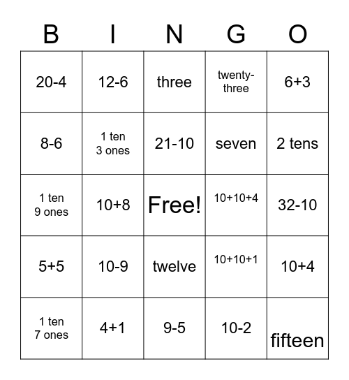 First Grade Math Day Bingo Card