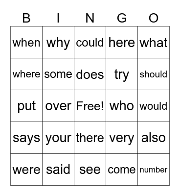 Trick Word Bingo Card