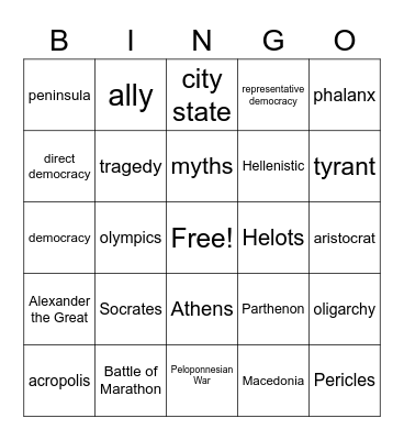 Ancient Greece Vocabulary Bingo Card