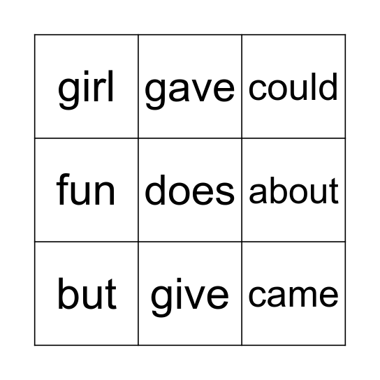 2G PW List 1 Bingo Card