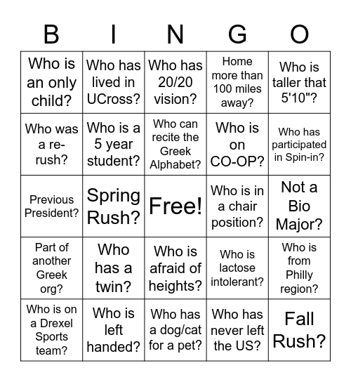 Example PhiDE Bingo Night Bingo Card