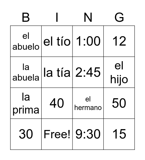 La Familia, La Hora, y Los Números Bingo Card