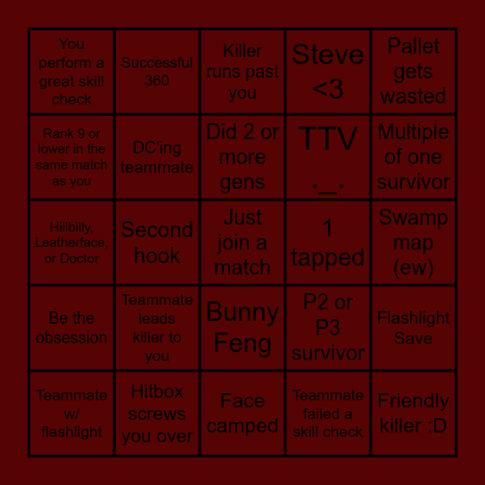 Dead By Daylight Survivor Bingo Card