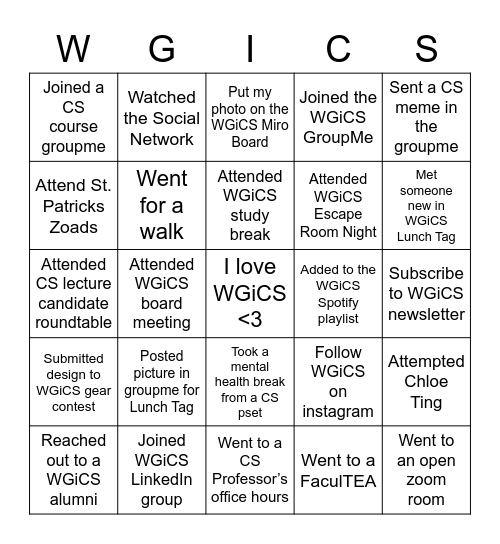 WGiCS Bingo Board Bingo Card