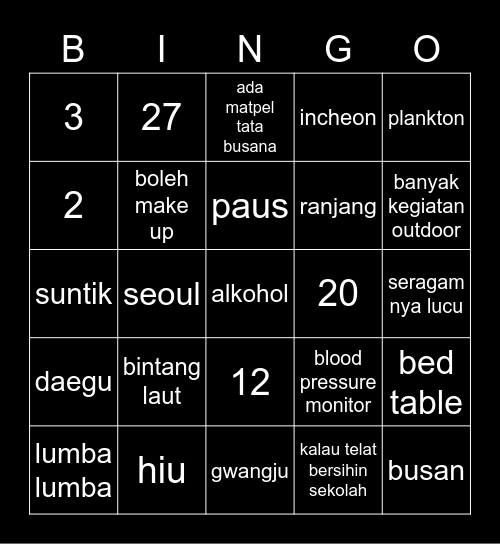 Jane Bingo Card