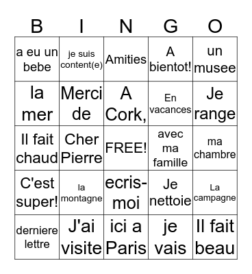 French holidays letter Bingo Card