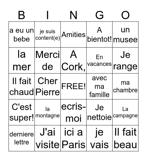 French holidays letter Bingo Card