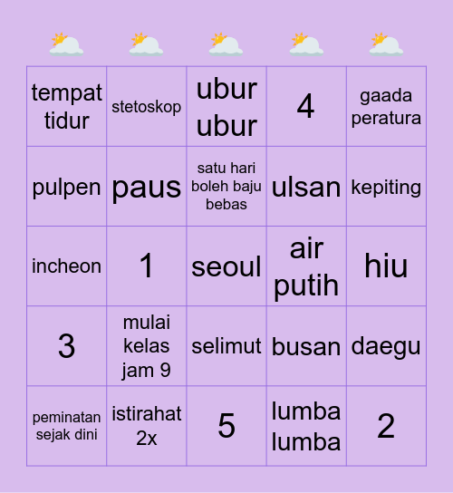 yerm Bingo Card