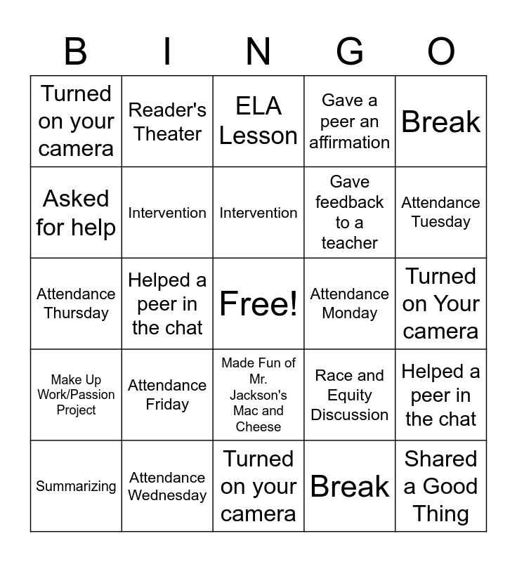 ELA Bingo Card