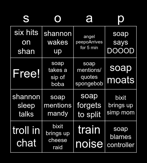 Soap Stream Bingo Card